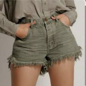 Mustard Seed Green Jean Shorts with Frayed Hem